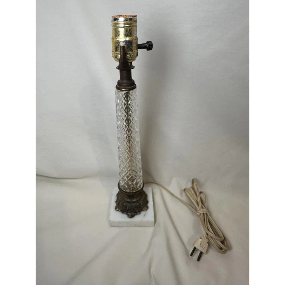 Vintage Glass Column Lamp White Marble Base Brass Hollywood Regency 15